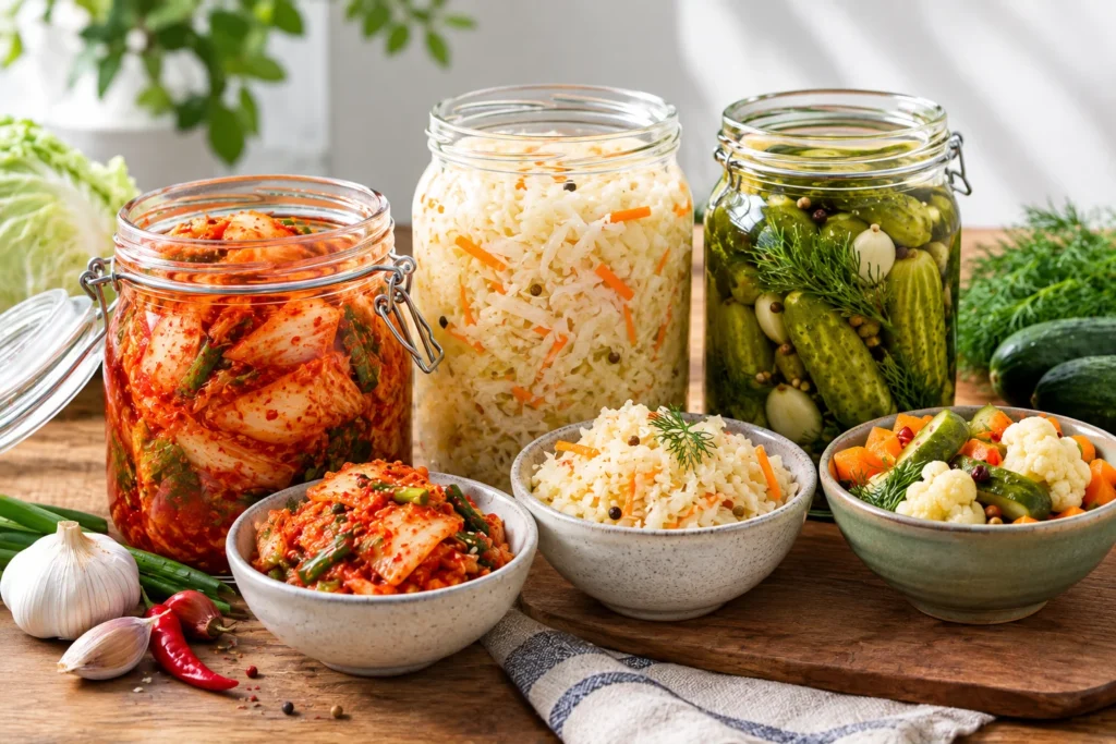 Jars of kimchi and sauerkraut, the best fermented vegetables for gut health