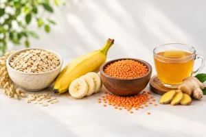 Digestion booster foods like oats, bananas, lentils and ginger tea